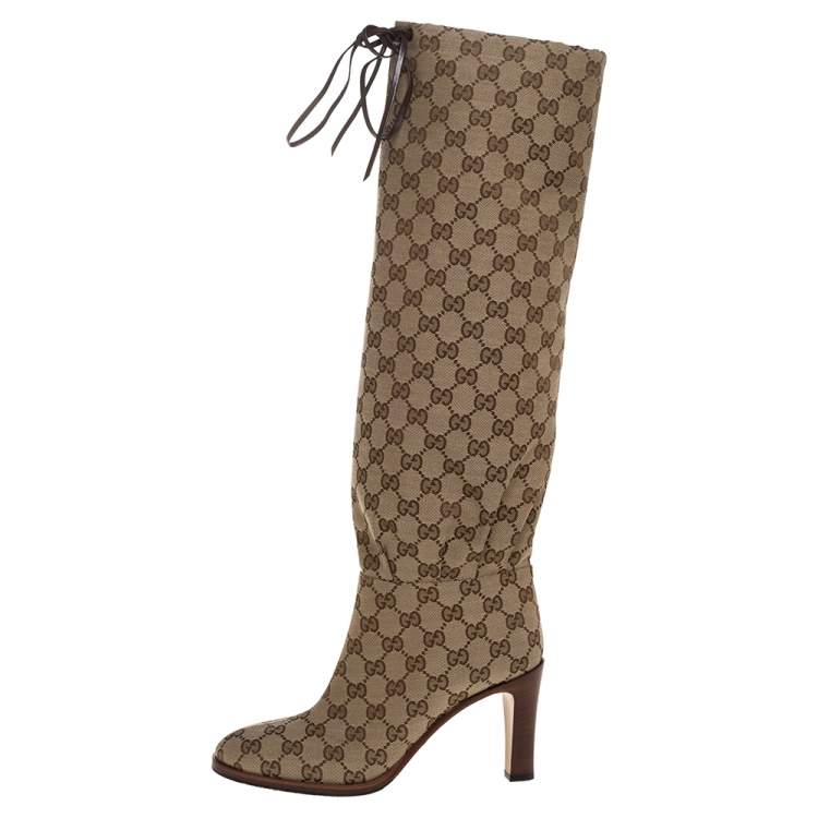 Gucci Beige Canvas Lisa Knee Length Boots | TLC