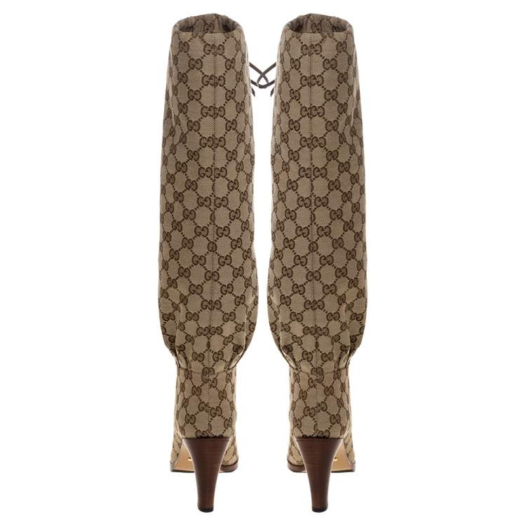 Pre Owned Gucci Beige GG Canvas Lisa Knee Length Boots Size 38