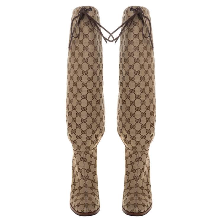 Pre Owned Gucci Beige GG Canvas Lisa Knee Length Boots Size 38