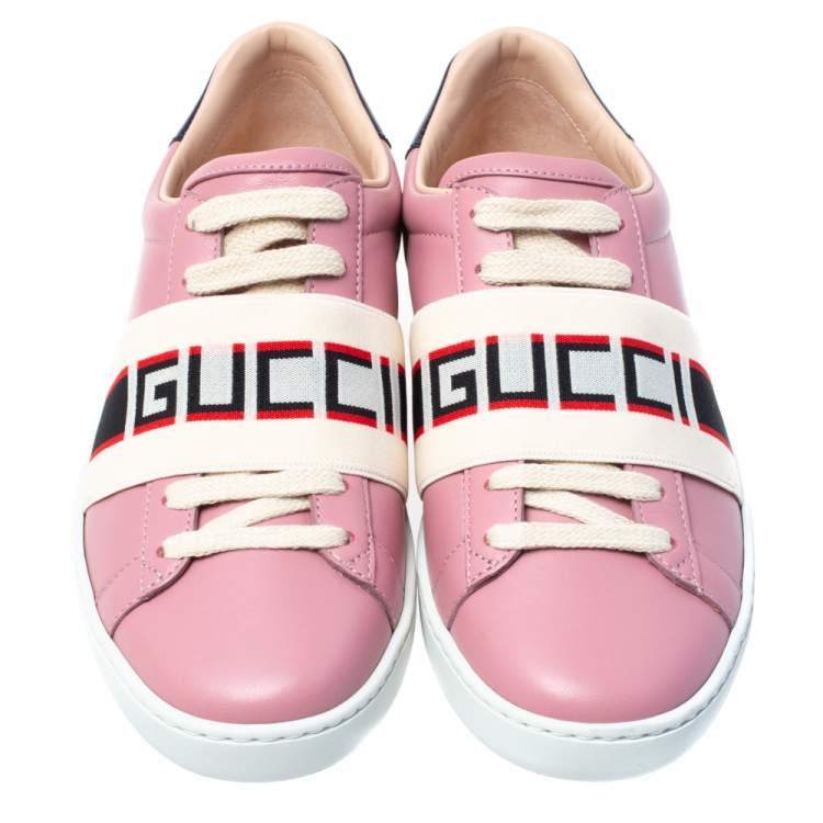 Pre Owned Gucci Pink Leather Ace Gucci Stripe Low Top Sneakers Size 35