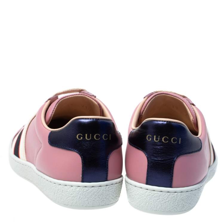 Pre Owned Gucci Pink Leather Ace Gucci Stripe Low Top Sneakers Size 35