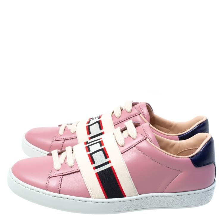 Pre Owned Gucci Pink Leather Ace Gucci Stripe Low Top Sneakers Size 35