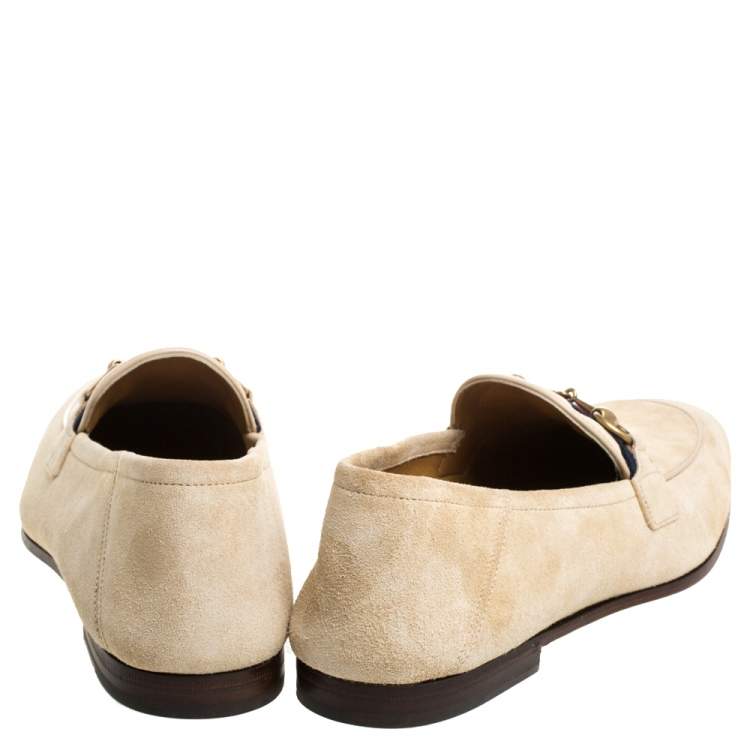 Pre Owned Gucci Beige Suede Web Horsebit Slip On Loafers Size 42