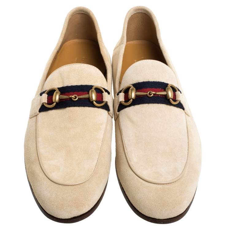Pre Owned Gucci Beige Suede Web Horsebit Slip On Loafers Size 42
