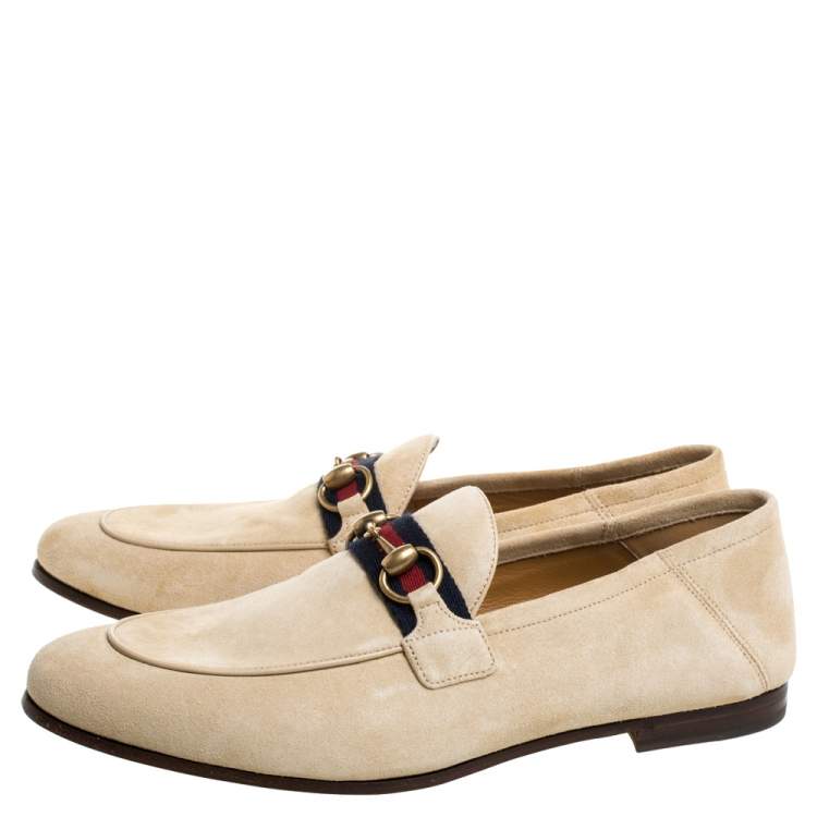 Pre Owned Gucci Beige Suede Web Horsebit Slip On Loafers Size 42