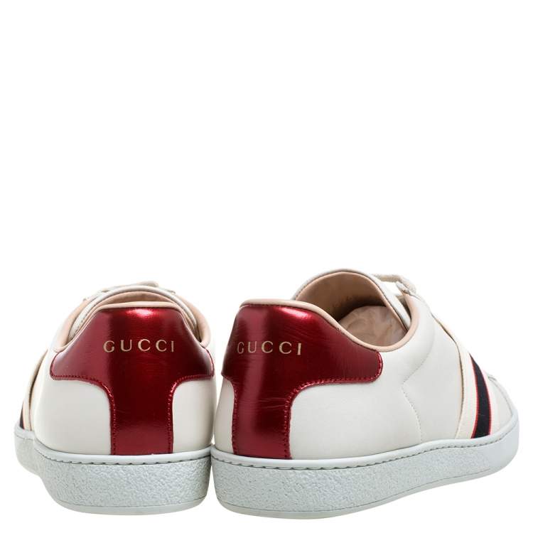 Pre Owned Gucci Cream Leather Ace Stripe Low Top Sneakers Size 40