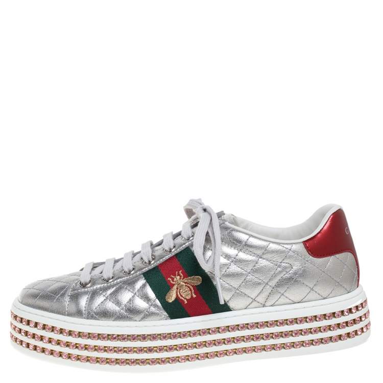 Gucci Silver Quilted Leather And Bee Web Detail New Crystal Embellished Platform Sneakers Size 38 Gucci | TLC