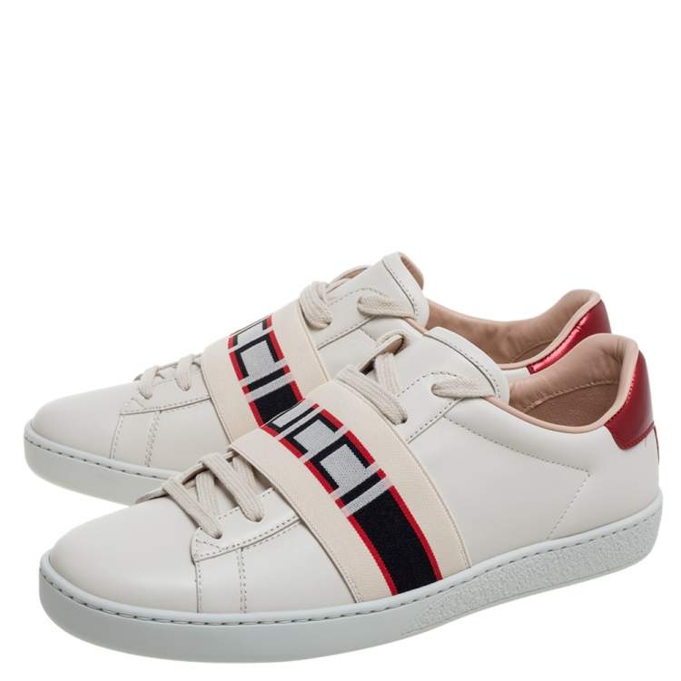 Pre Owned Gucci White/Red Leather Ace Gucci Band Low Top Sneakers Size 37