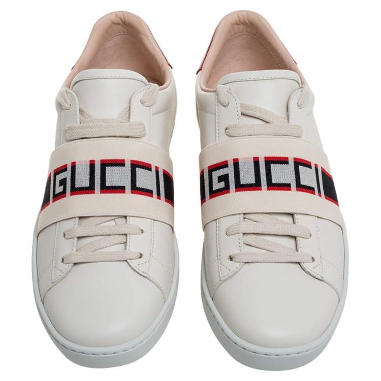 Pre Owned Gucci White/Red Leather Ace Gucci Band Low Top Sneakers Size 37