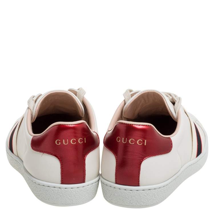 Pre Owned Gucci White/Red Leather Ace Gucci Band Low Top Sneakers Size 37