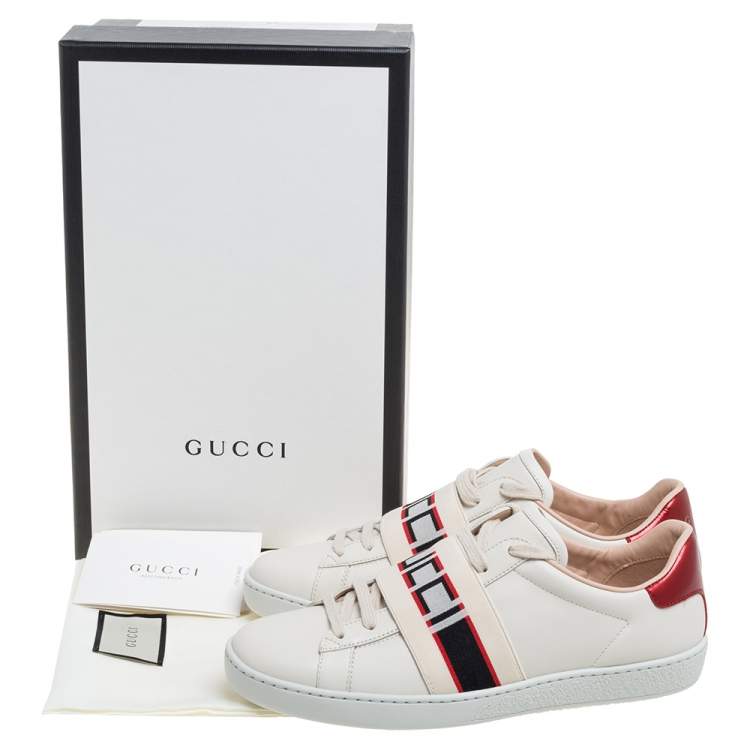 Pre Owned Gucci White/Red Leather Ace Gucci Band Low Top Sneakers Size 37