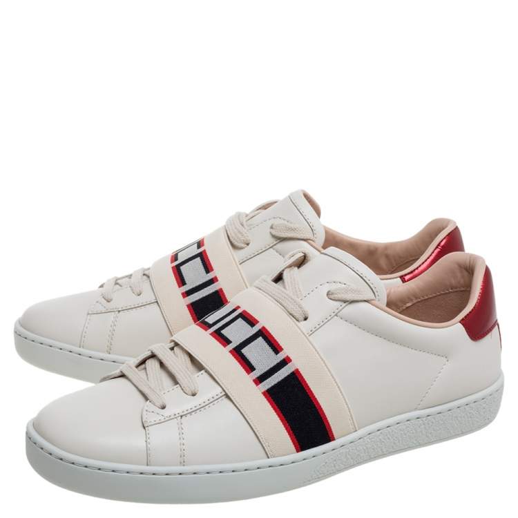 Pre Owned Gucci White/Red Leather Ace Gucci Band Low Top Sneakers Size 37