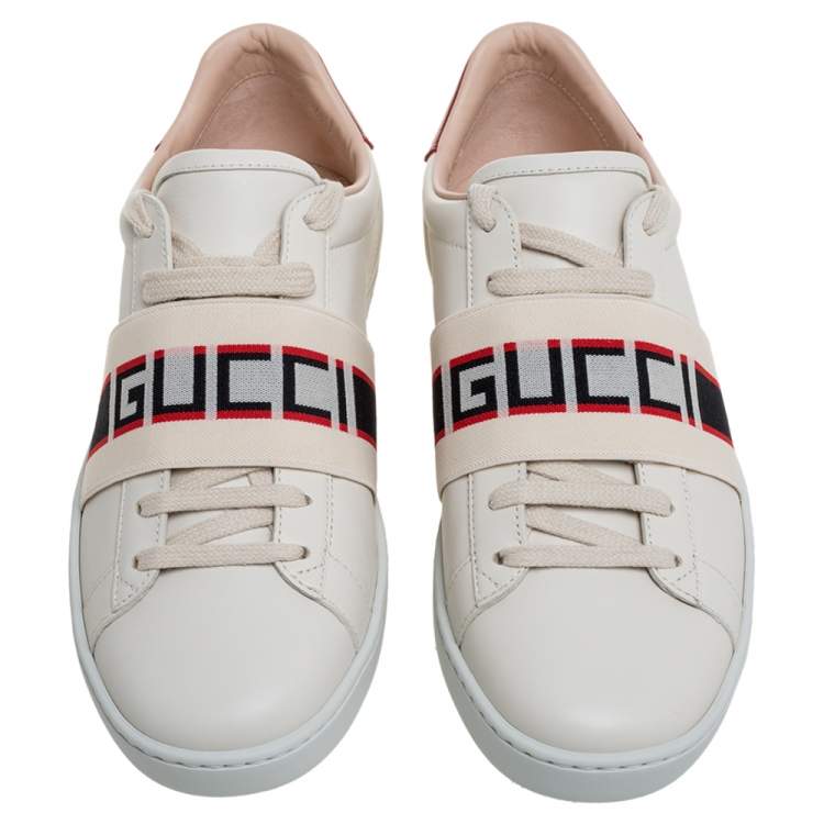 Pre Owned Gucci White/Red Leather Ace Gucci Band Low Top Sneakers Size 37