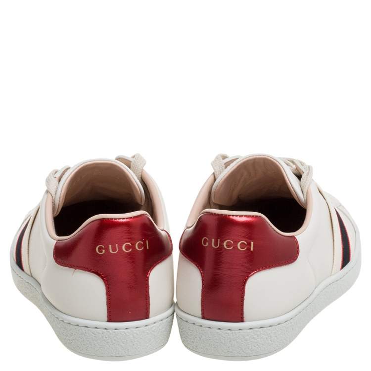 Pre Owned Gucci White/Red Leather Ace Gucci Band Low Top Sneakers Size 37