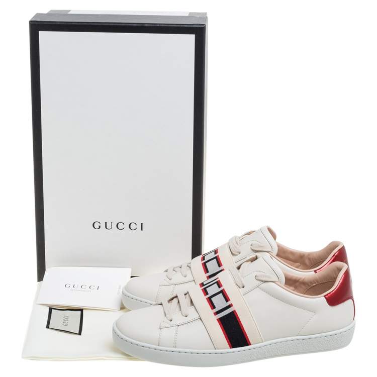 Pre Owned Gucci White/Red Leather Ace Gucci Band Low Top Sneakers Size 37