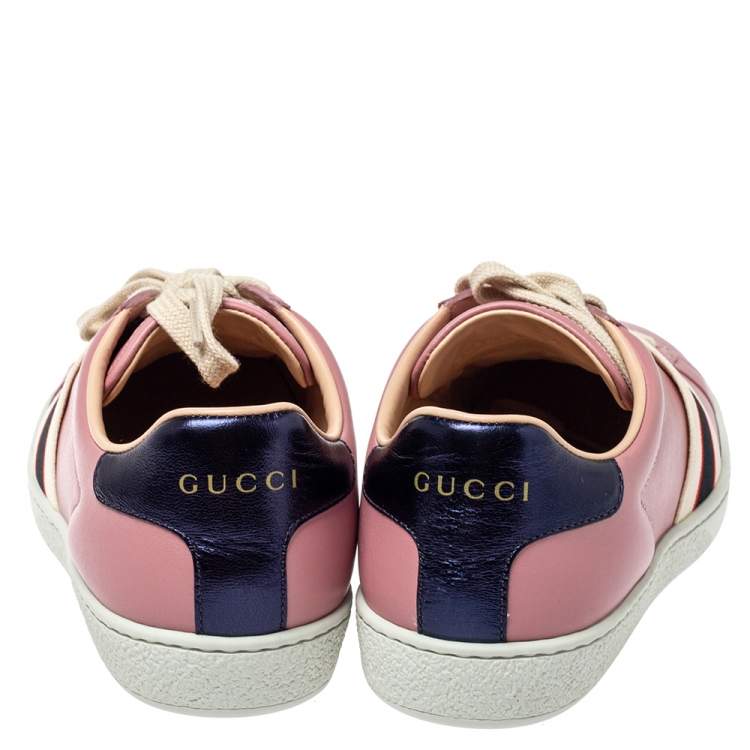 Pre Owned Gucci Pink Leather Ace Gucci Stripe Low Top Sneakers Size 36