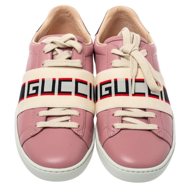 Pre Owned Gucci Pink Leather Ace Gucci Stripe Low Top Sneakers Size 36