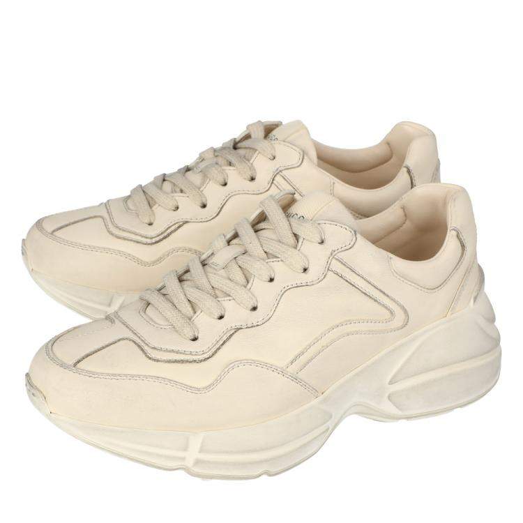 Pre Owned Gucci White/Ivory Distressed Leather Rhyton Sneakers Size 39