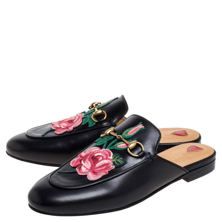 Pre Owned Gucci Black Leather Rose Embroidered Princetown Horsebit Flat Mules Size 38.5