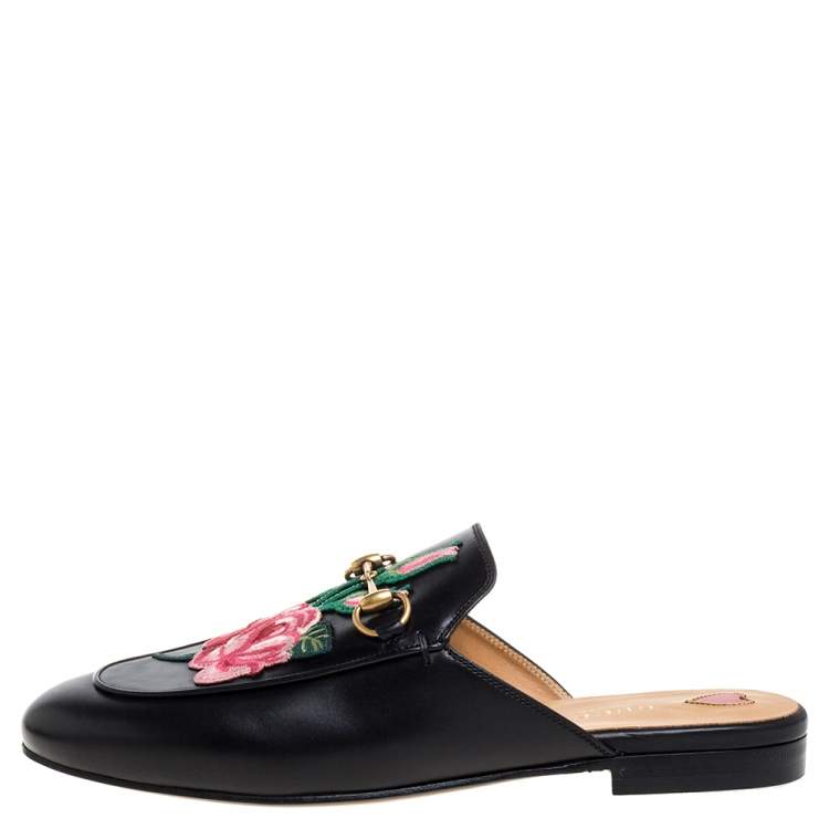 Pre Owned Gucci Black Leather Rose Embroidered Princetown Horsebit Flat Mules Size 38.5