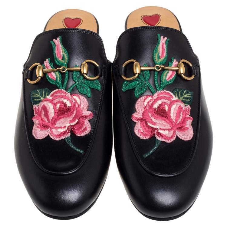 Pre Owned Gucci Black Leather Rose Embroidered Princetown Horsebit Flat Mules Size 38.5