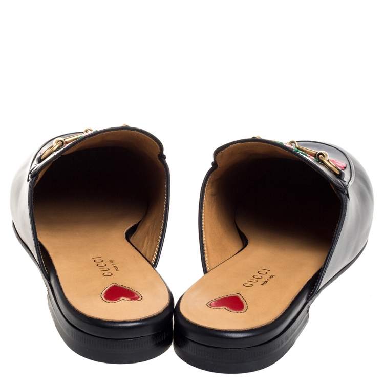 Pre Owned Gucci Black Leather Rose Embroidered Princetown Horsebit Flat Mules Size 38.5