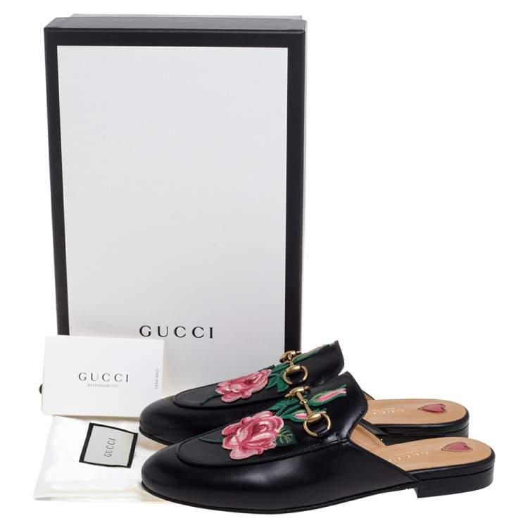 Pre Owned Gucci Black Leather Rose Embroidered Princetown Horsebit Flat Mules Size 38.5