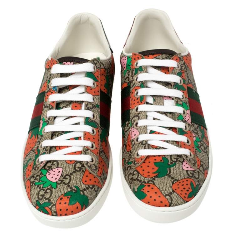 Pre Owned Gucci Brown GG Canvas Ace Strawberry Sneakers Size 38