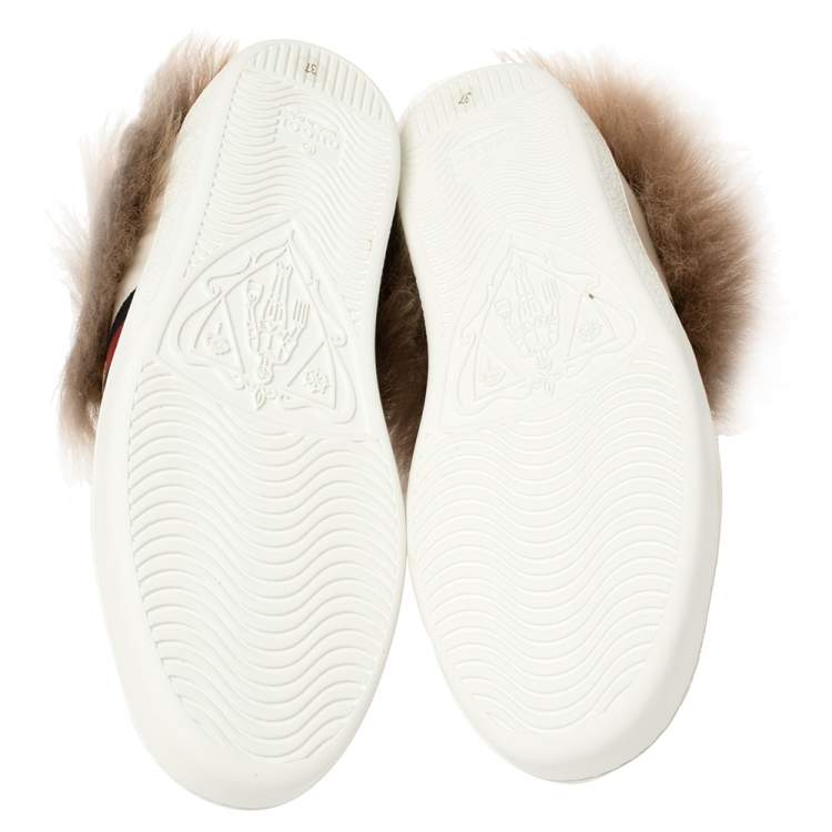 Pre Owned Gucci White Leather and Fur Ace Embroidered Bee Low Top Sneakers Size 37