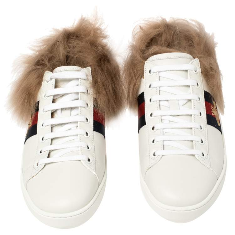 Pre Owned Gucci White Leather and Fur Ace Embroidered Bee Low Top Sneakers Size 37