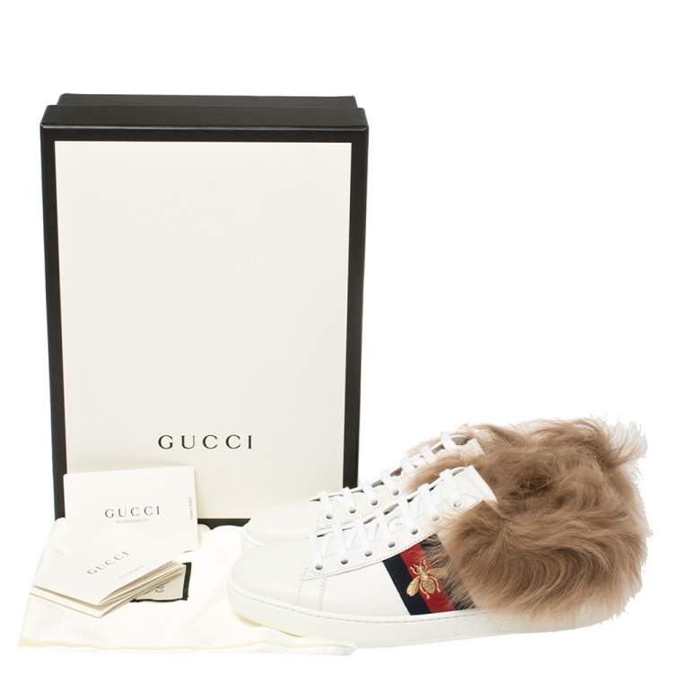 Pre Owned Gucci White Leather and Fur Ace Embroidered Bee Low Top Sneakers Size 37