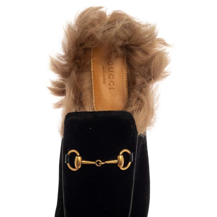 Pre Owned Gucci Black Velvet And Fur Princetown Horsebit Flat Mules Size 40