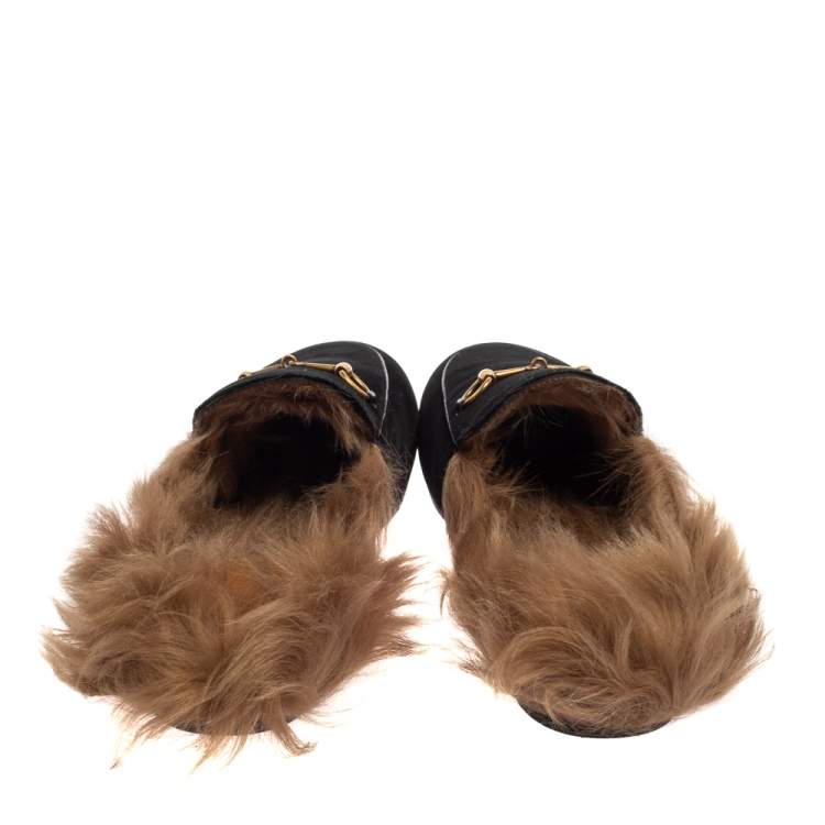Pre Owned Gucci Black Velvet And Fur Princetown Horsebit Flat Mules Size 40