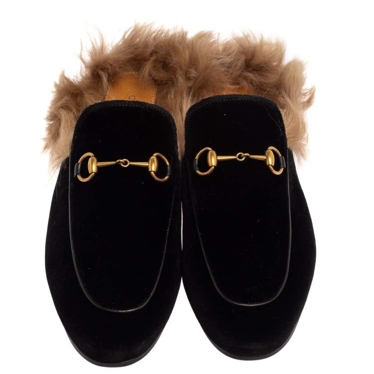 Pre Owned Gucci Black Velvet And Fur Princetown Horsebit Flat Mules Size 40
