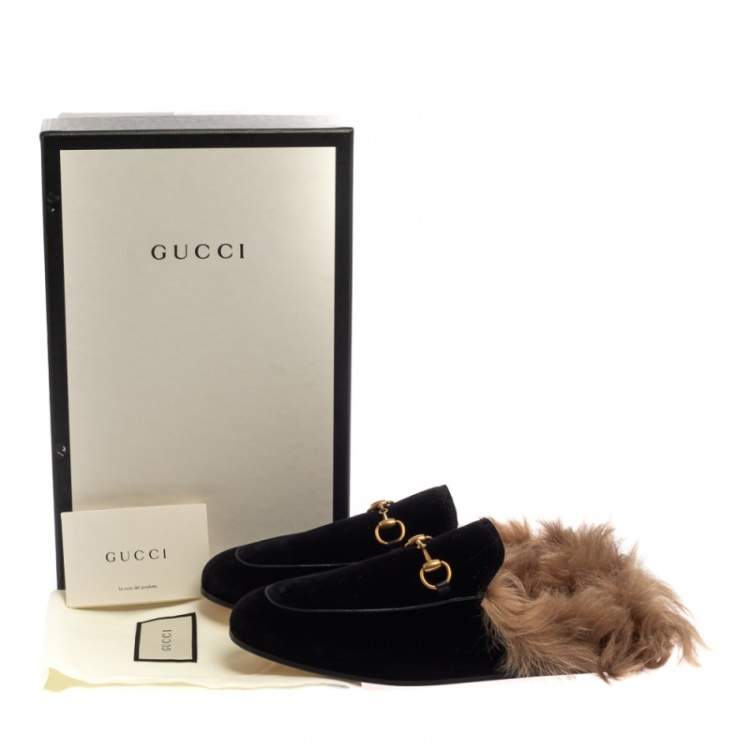 Pre Owned Gucci Black Velvet And Fur Princetown Horsebit Flat Mules Size 40