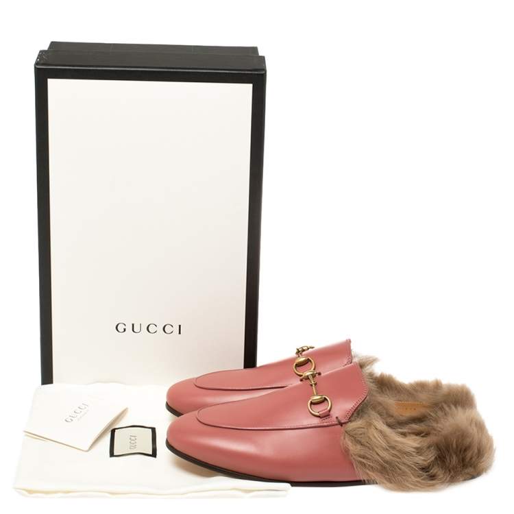 Pre Owned Gucci Pink Leather And Fur Princetown Horsebit Flat Mules Size 39