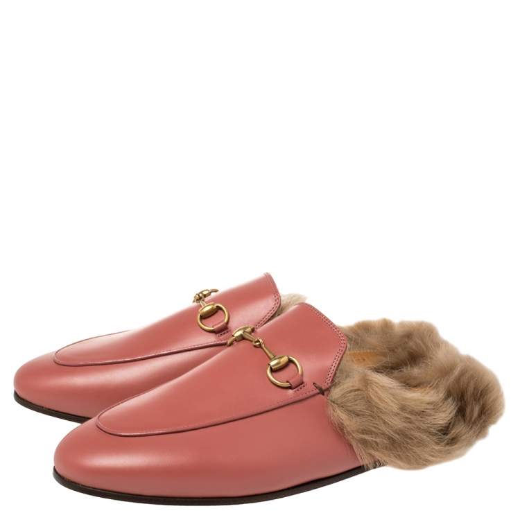 Pre Owned Gucci Pink Leather And Fur Princetown Horsebit Flat Mules Size 39