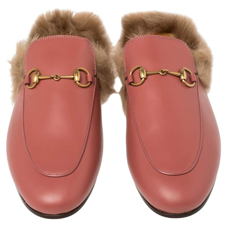 Pre Owned Gucci Pink Leather And Fur Princetown Horsebit Flat Mules Size 39