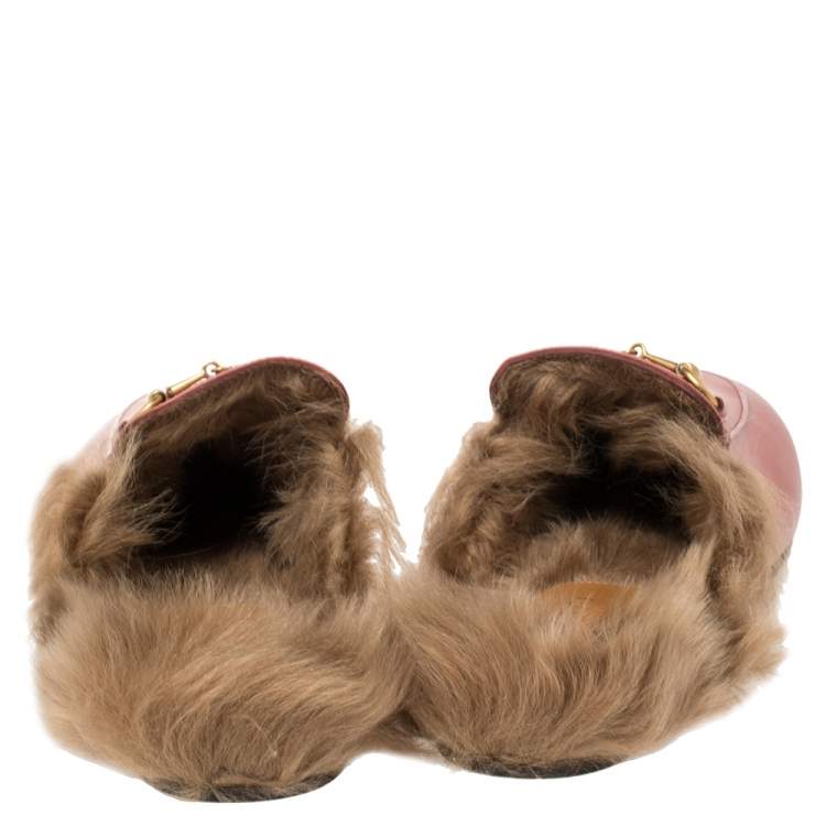 Pre Owned Gucci Pink Leather And Fur Princetown Horsebit Flat Mules Size 39