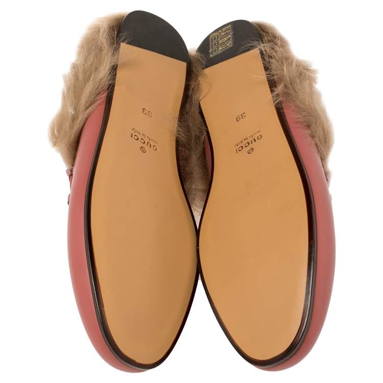 Pre Owned Gucci Pink Leather And Fur Princetown Horsebit Flat Mules Size 39