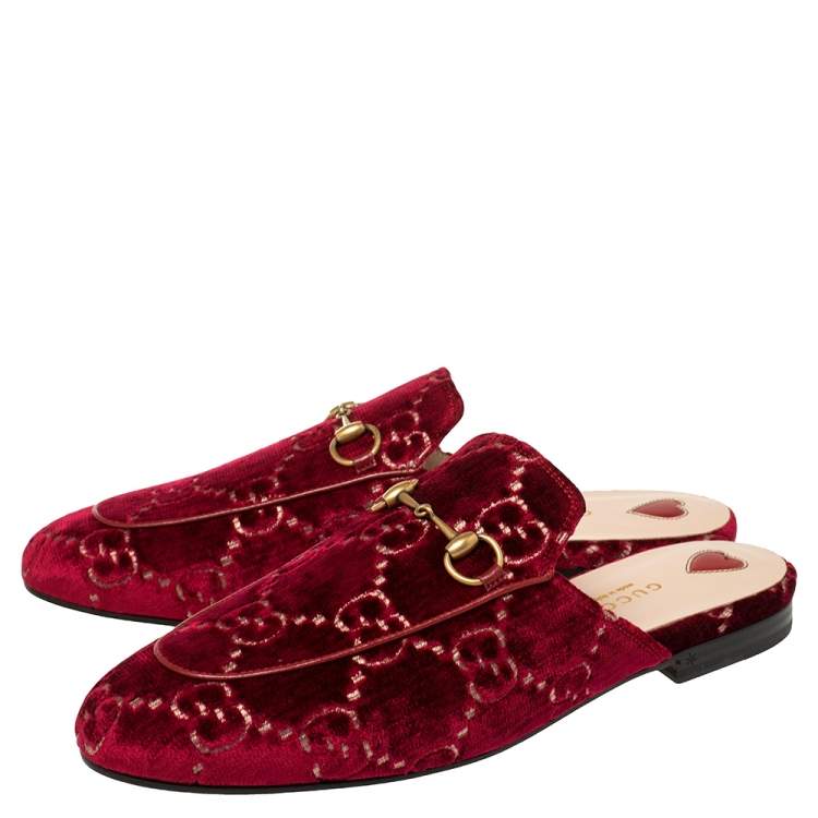 Pre Owned Gucci Pink Velvet And Leather Princetown Horsebit Flat Mules Size 39.5