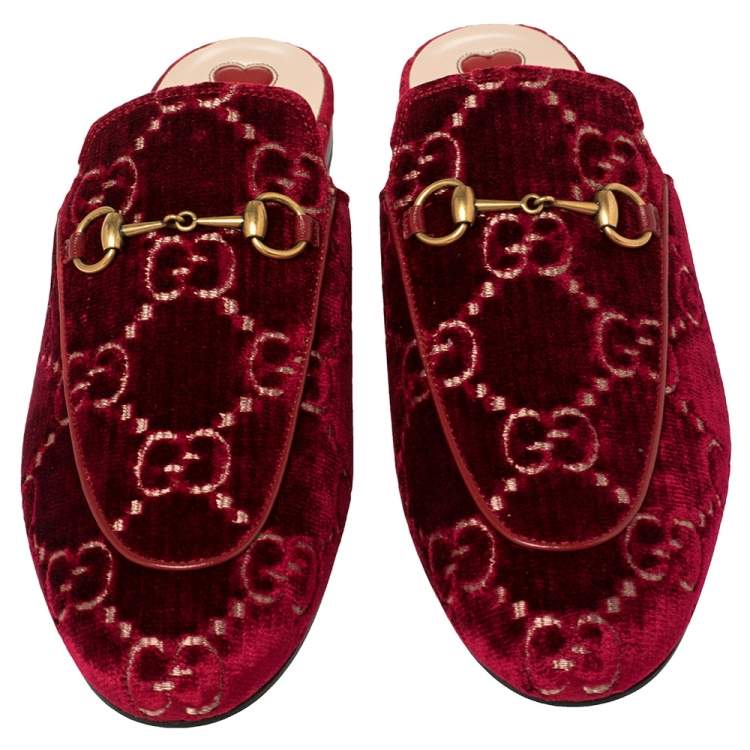 Pre Owned Gucci Pink Velvet And Leather Princetown Horsebit Flat Mules Size 39.5