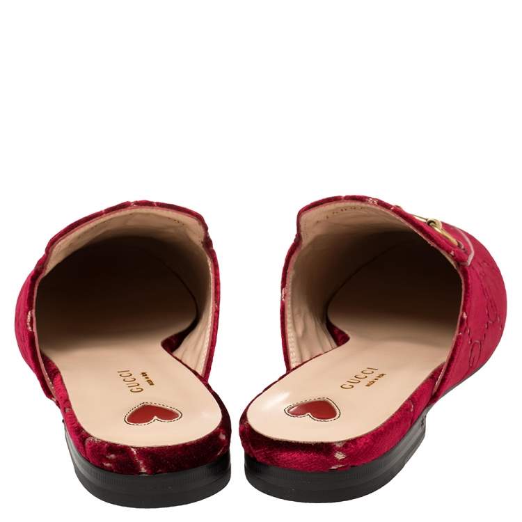 Pre Owned Gucci Pink Velvet And Leather Princetown Horsebit Flat Mules Size 39.5