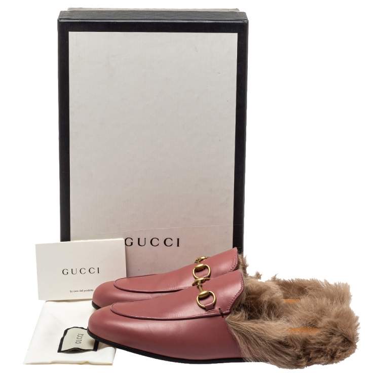 Pre Owned Gucci Pink Leather And Fur Princetown Horsebit Mules Size 38.5
