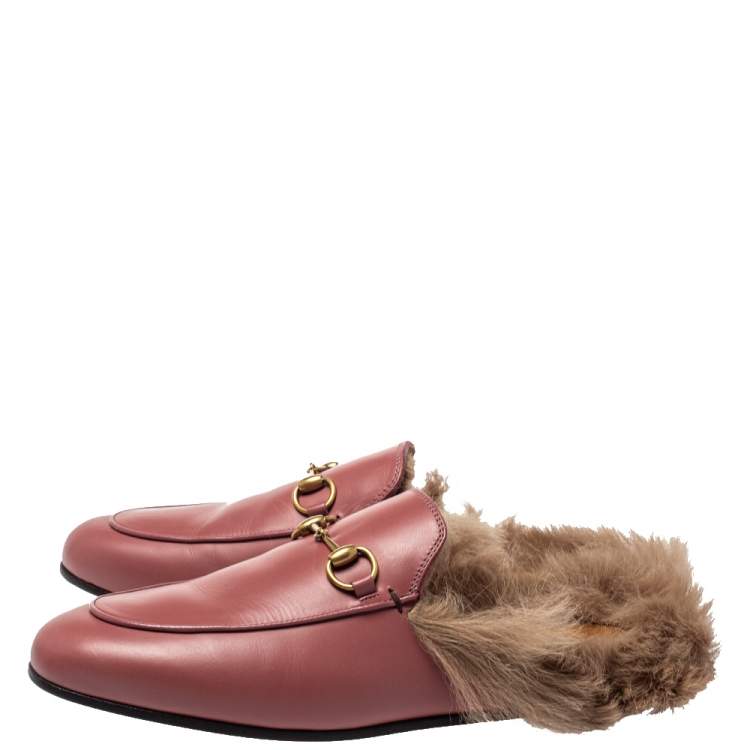 Pre Owned Gucci Pink Leather And Fur Princetown Horsebit Mules Size 38.5