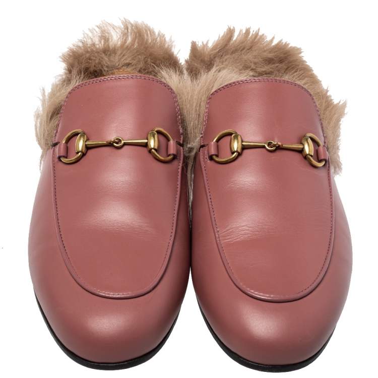 Pre Owned Gucci Pink Leather And Fur Princetown Horsebit Mules Size 38.5