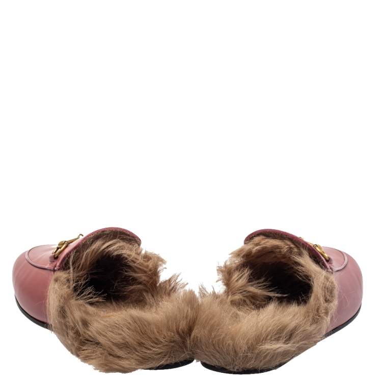 Pre Owned Gucci Pink Leather And Fur Princetown Horsebit Mules Size 38.5