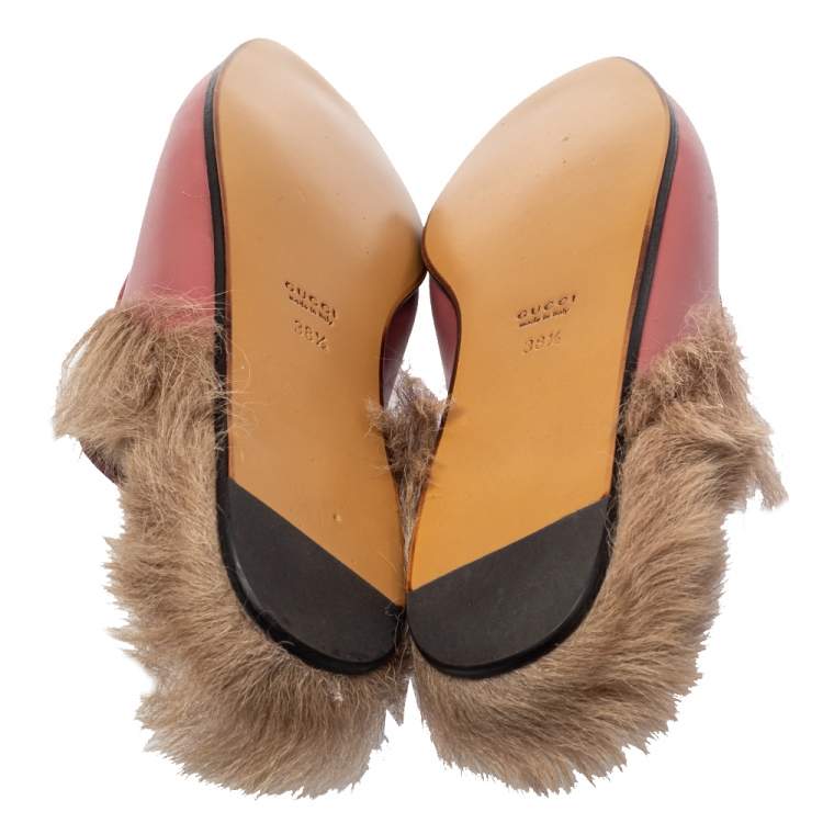 Pre Owned Gucci Pink Leather And Fur Princetown Horsebit Mules Size 38.5