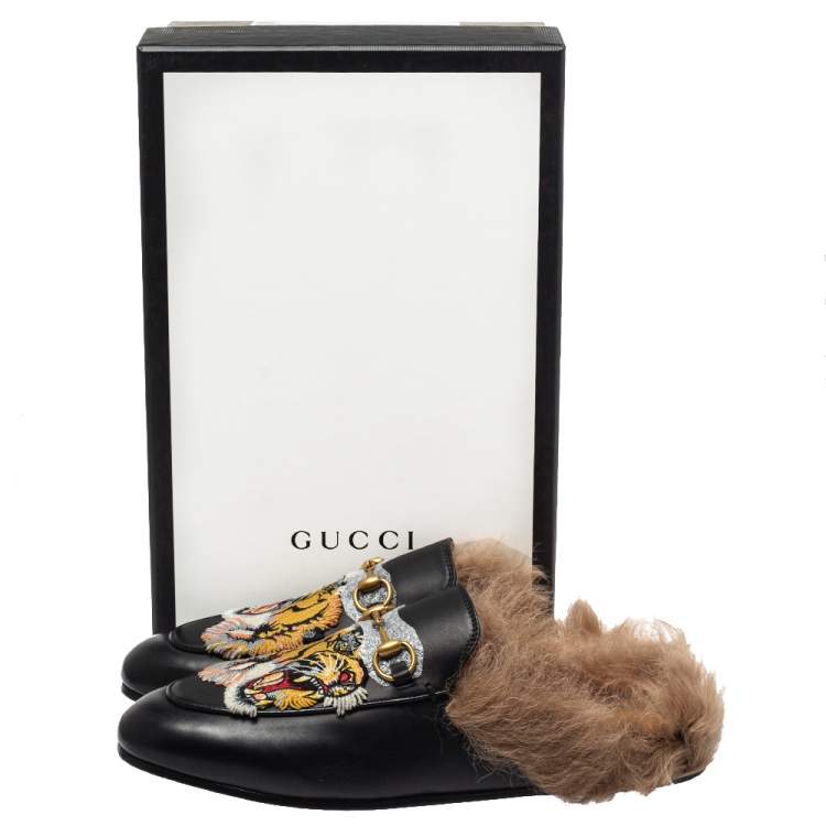 Pre Owned  Gucci Black Tiger Embroidered Leather And Fur Princetown Horsebit Mules Size 39