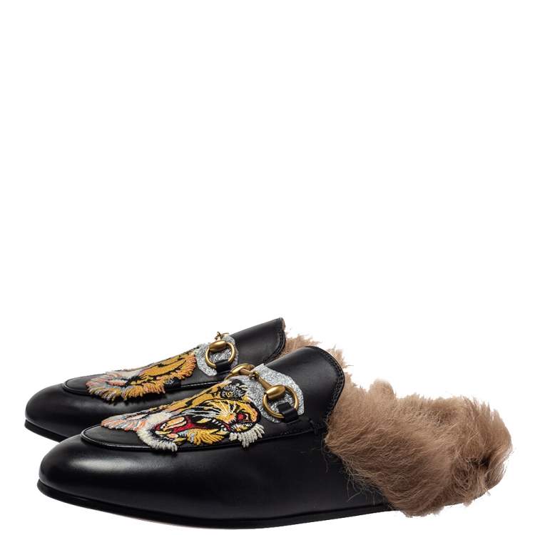 Pre Owned  Gucci Black Tiger Embroidered Leather And Fur Princetown Horsebit Mules Size 39